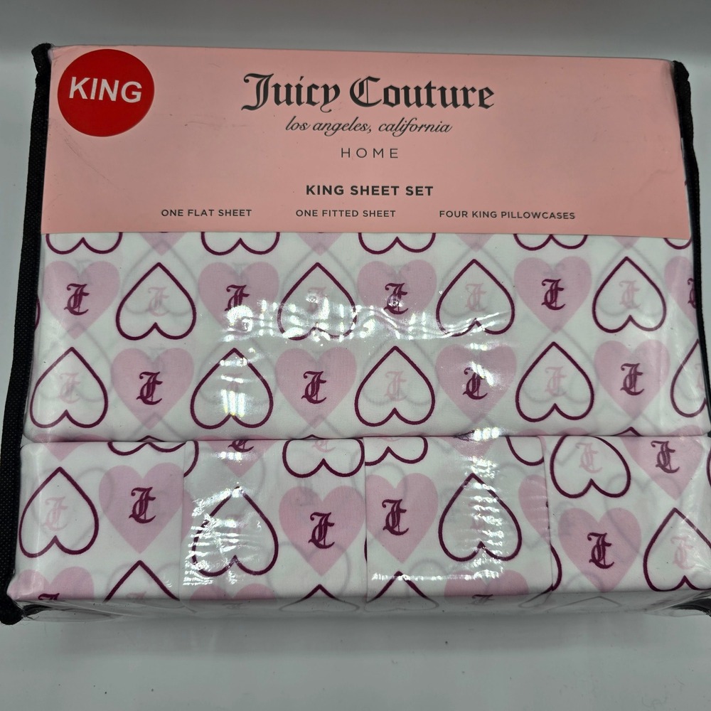 Juicy Couture King‎ Size Sheet Set Pink Heart Pattern Luxury Home